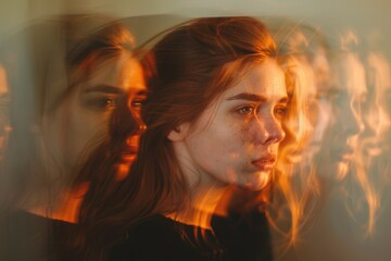 A photograph of a young woman standing in front of a mirror, her reflection showing multiple expressions of anxiety and fear. 