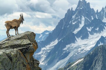 A picturesque image of a chamois standing on a rocky ledge in the Alps, with a dramatic backdrop of snow