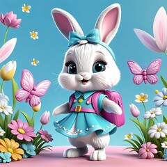 Cute little bunny in a blue dress.