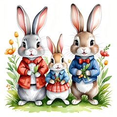 A family of little rabbits in a flower field.