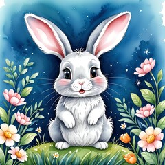 Cartoon fluffy gray rabbit on a field of flowers.