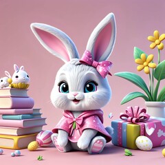 A cute little bunny wearing a bright pink veil.