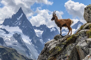 A picturesque image of a chamois standing on a rocky ledge in the Alps, with a dramatic backdrop of snow