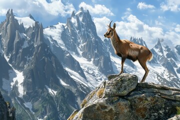 A picturesque image of a chamois standing on a rocky ledge in the Alps, with a dramatic backdrop of snow