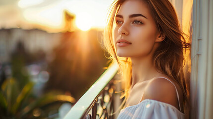 Woman standing in balcony while looking at sunset