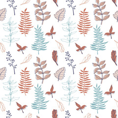 Cotton fabric seamless pattern with vector contour branch and leaves. Elegant silhouette and outline in trendy pastel colors. hand drawn botanical print for wedding, textile, packaging, wrapping paper, background.