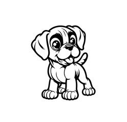 Happy cartoon Boxer puppy with big eyes and floppy ears. Cute playful smiling dog character for kids merchandise, nursery decor, educational materials. Vector illustration