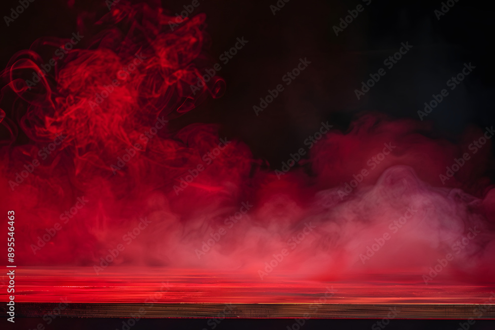 Poster empty wooden table with red smoke float up on dark background