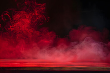 empty wooden table with red smoke float up on dark background