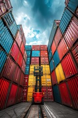 Fototapeta premium Vibrant Shipping Containers Stacked with Forklift Under Dramatic Sky in Industrial Port