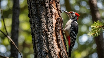A lively woodpecker with striking black white and red