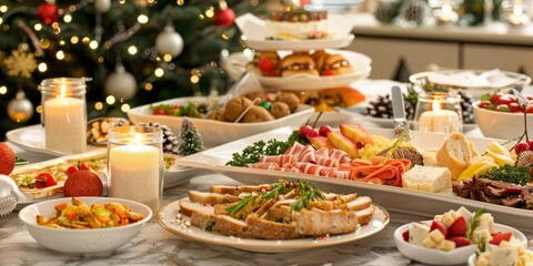 Fototapeta premium Festive Christmas Feast: Lavish Holiday Table Adorned with Delectable Treats and Seasonal Delights. Enchanting 4K Wallpaper Showcasing a Bountiful Spread of Traditional Foods, Snacks, and Decorations 