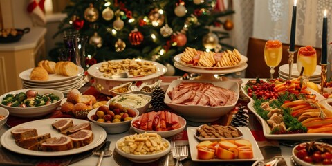 Fototapeta premium Festive Christmas Feast: Lavish Holiday Table Adorned with Delectable Treats and Seasonal Delights. Enchanting 4K Wallpaper Showcasing a Bountiful Spread of Traditional Foods, Snacks, and Decorations 