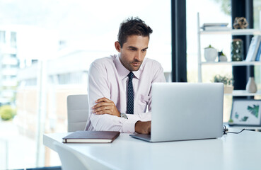 Laptop, notebook and report with business man at desk in office for administration or research....