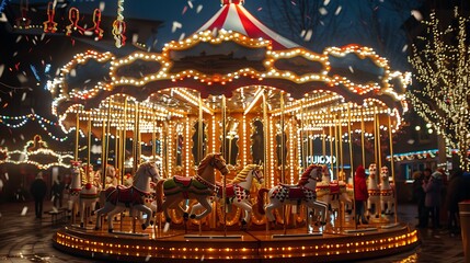 Obraz premium brightly lit carousel with horses and figures is under a starry night sky.