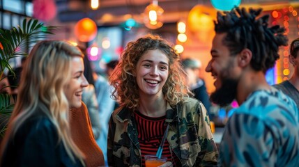 Friends laughing and talking at a party.