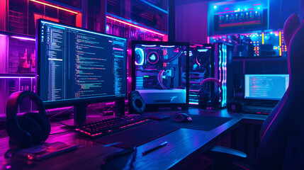 A organized desk filled with gadgets, including a tower with casing showing the internal components, a programmable mechanical keyboard, a precision mouse