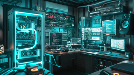 Fototapeta premium A organized desk filled with gadgets, including a tower with casing showing the internal components, a programmable mechanical keyboard, a precision mouse