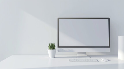 Fototapeta premium modern interior A desk with a clean white mouse, a white keyboard, a slim monitor on a white monitor stand, and a single pen and notepad,