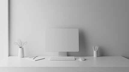 A desk with a clean white mouse, a white keyboard, a small, and a modern desk lamp