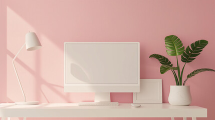 A desk with a clean white mouse, a white wireless keyboard, and elegant desk lamp with a white shade,