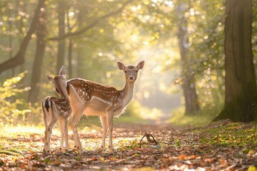 Fototapeta premium A serene picture of a fallow deer doe and her fawn in a sun-dappled forest clearing