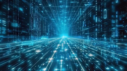 Abstract blue futuristic cyberspace with glowing lines and digital data.