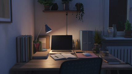 A with a laptop, a mouse and keyboard, textbooks, notebooks, and, all arranged on a simple desk with a cozy study lamp