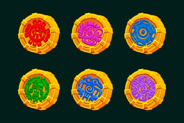 Golden coins with colored Maya or Aztec symbols. Golden symbols for your 2D game or slot games