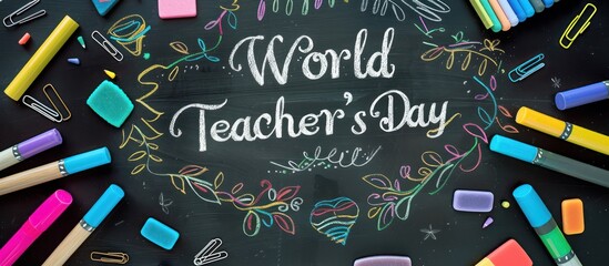 A top view of a chalkboard with "World Teacher's Day" written in fancy chalk lettering encircled by colorful erasers markers and paper clips