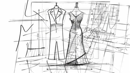 Detailed Sewing Pattern Drawings for Fashion Design and Crafting
