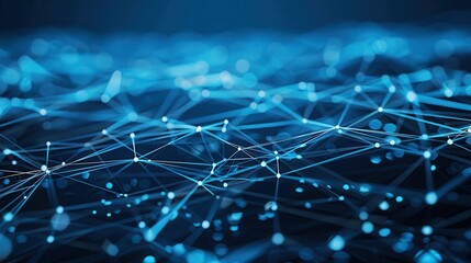 Futuristic Abstract Blue Digital Network with Polygonal Shapes and Bokeh Lights - 3D Technology Concept