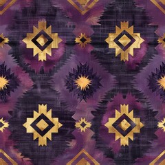 Naklejka premium Watercolor deep purple and antique gold Kilim pattern seamless repeating pattern, minimal pattern, high contrasty 