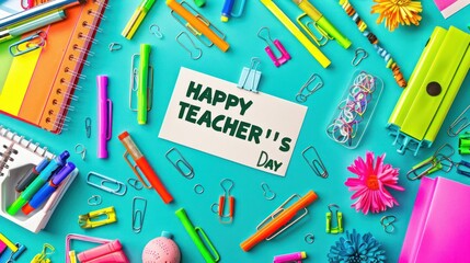 A turquoise background with a note that reads "HAPPY TEACHER'S DAY" surrounded by a rainbow of highlighters staplers and paper clips