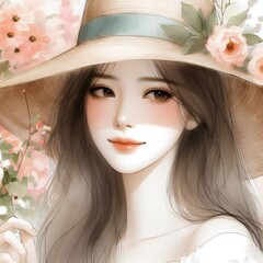 Stylish Portrait of a Woman with Red Lips in a Straw Hat in floral background with Generative AI.