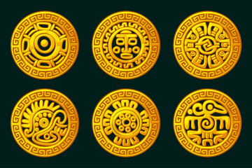 Golden Maya or Aztec symbols in ornament frame. Golden symbols for your 2D game or slot games