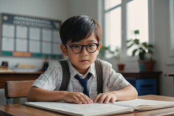 Portrait of a Asian schoolboy with glasses in the classroom. Back to school, correction of pupil eyesight. 