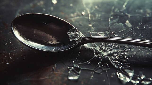 On a table is a tablespoon with a fractured manipulate