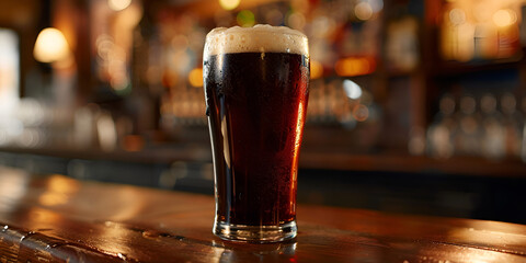 glass of beer on the table, A glass of dark beer on the bar on the drake background. 