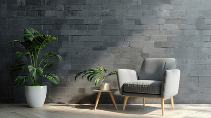 Comfortable chair and plant on coffee table by gray brick wall. Design banner