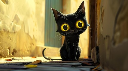 Cat sitting on chair by window, cartoon vector illustration of cute black kitten, funny pet silhouette design