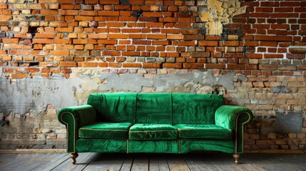Green couch by masonry wall