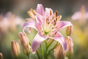 Fototapeta premium Guernsey lily flower bokeh background, AI Generated