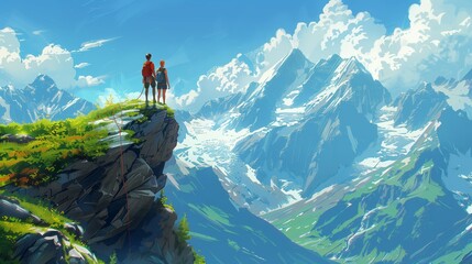 Two climbers stand on a grassy mountain ledge, overlooking a breathtaking vista of snow-capped peaks and lush green valleys. 