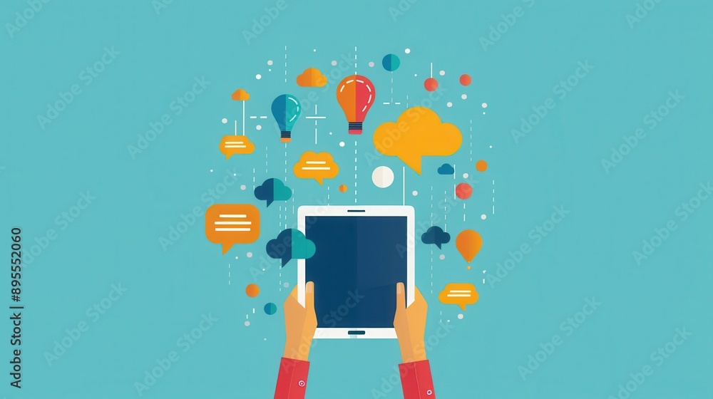 Poster interactive language exercises, person using tablet