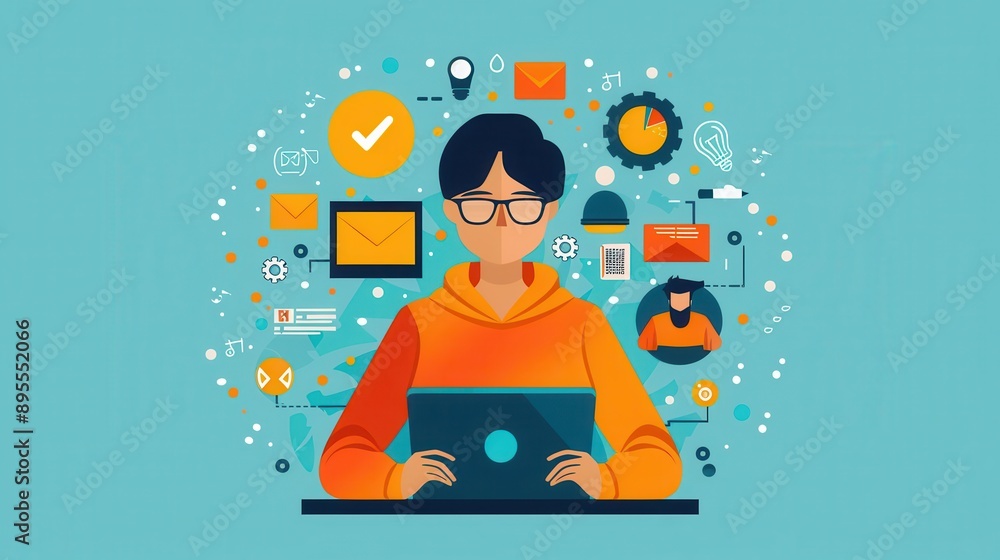 Poster interactive language exercises, person using tablet