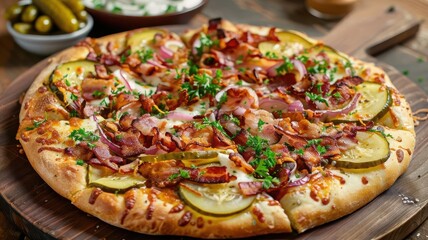 Bacon pickle pizza with crispy edges and fresh garnishes, Bacon Pickle Pizza, flavor explosion