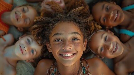 Fototapeta premium A group of kids lying close together, smiling and laughing happily.