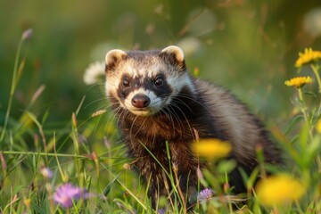 A striking European polecat prowling through a meadow at dusk