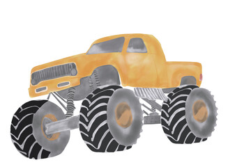 Hand-drawn watercolor illustration of a yellow monster truck isolated on a white background. © beyouenked